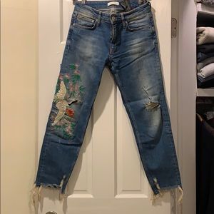 Zara embroidered raw cut hem jeans